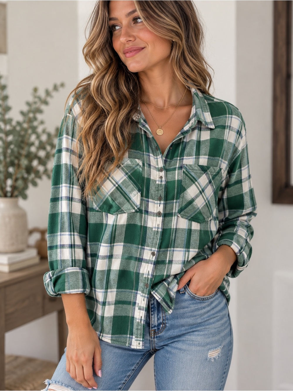 Ultra Flirt Lumberjack Relaxed Green Flannel Plaid Button-Down Shirt. XL